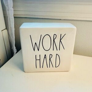 Rae Dunn White Ceramic Block with 'Work Hard' and Be Brave paperweight